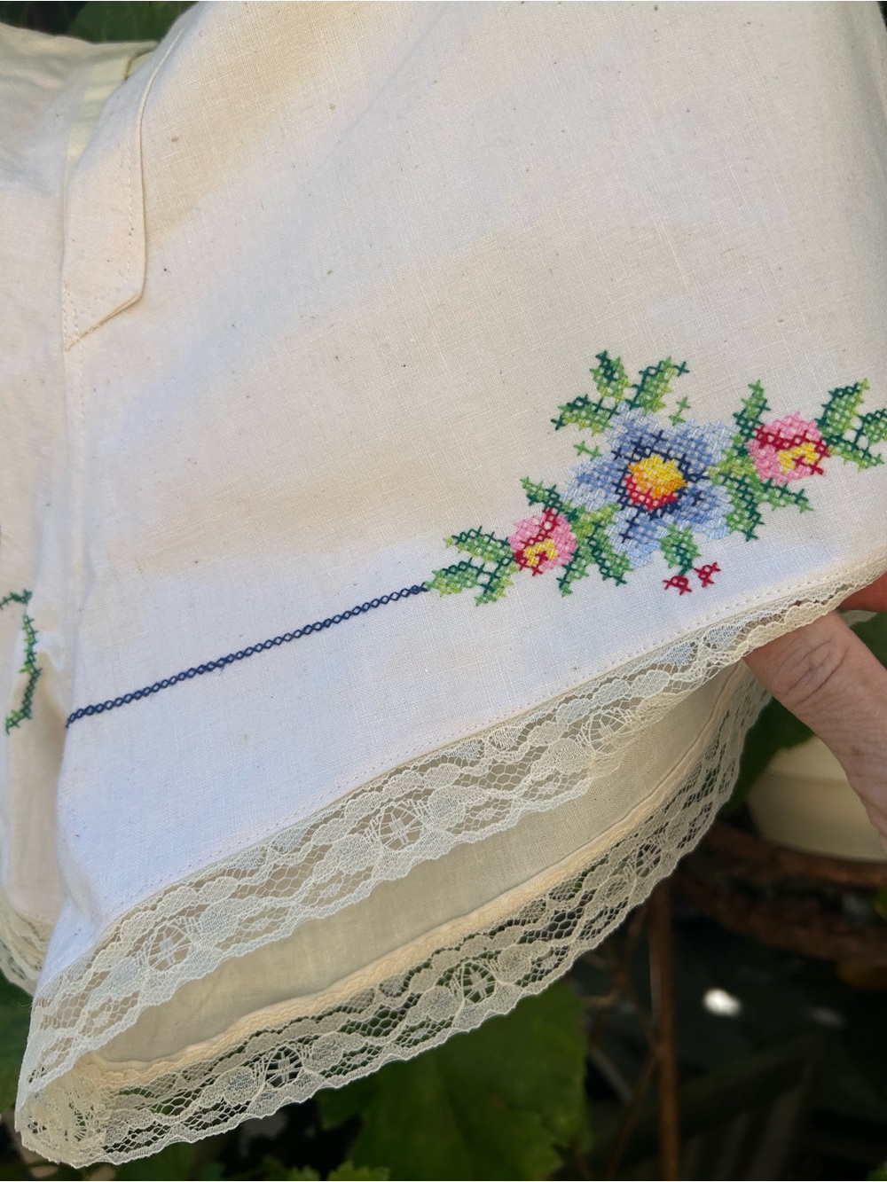 Shorts. Hand-Embroidered cream muslin bottoms with Floral Cross-Stitch waist 28